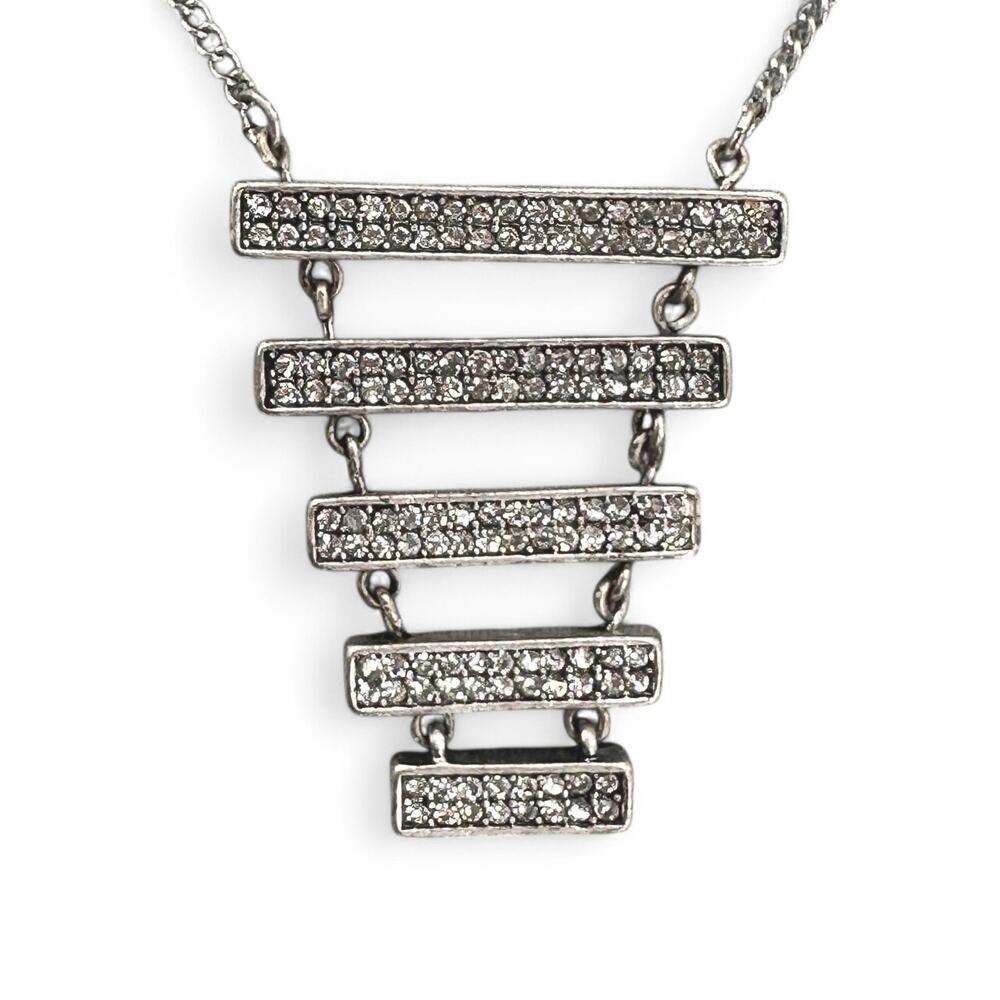 Mark by Avon Statement Necklace Silvertone Rhinestone Stacked Geometric Pendant - Picture 5 of 8
